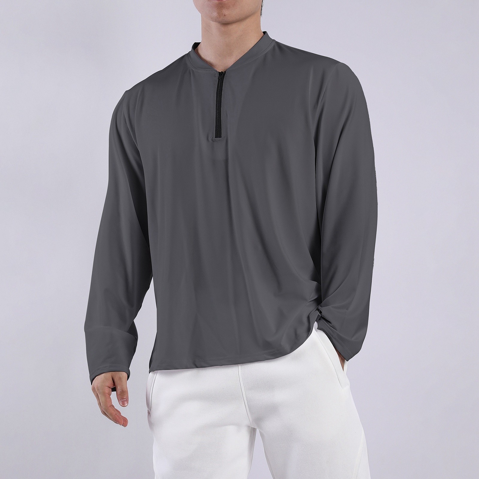 thumbnail image 3 of 2025 Camisa de manga larga con media cremallera para hombre: corte holgado, tejido transpirable, prenda interior deportiva - M-XXXL, 3 of 7